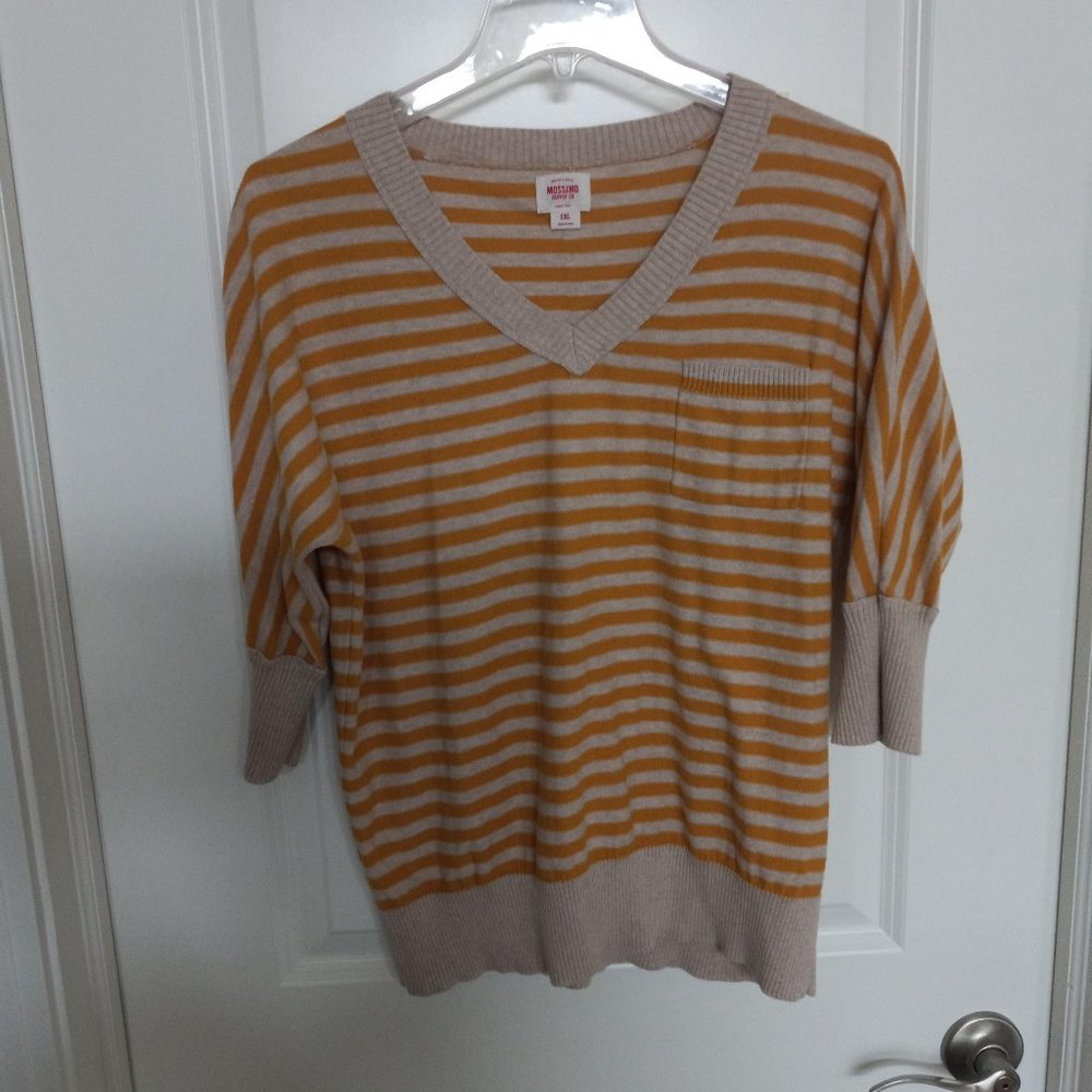 Mossimo Women's Sz XL Striped Knit Sweater EUC Dolman Elbow Sleeves Gold Oatmeal
